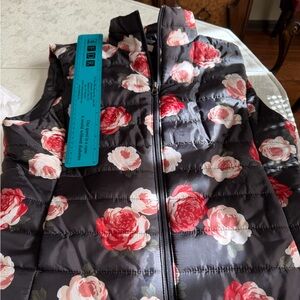 LOFT Outlet Quilted Floral Puffer Vest in Black with Red and Pink Roses